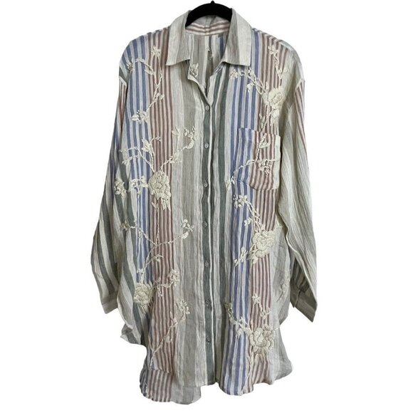 Kyla Seo Embroidered Button Long‎ Sleeve Tunic Striped Top Sz Small Beige Blue - Picture 1 of 8